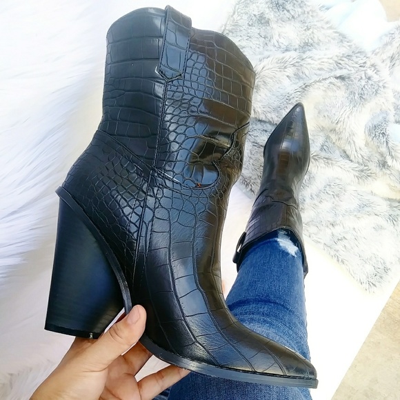 Black Western Faux Leather Cowboy Croc Boots - Picture 4 of 6